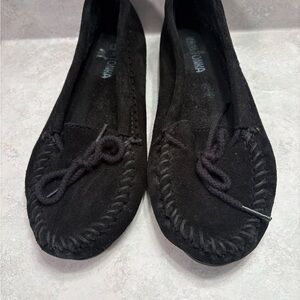 Minnetonka Dark Suede Moccasins with Bow